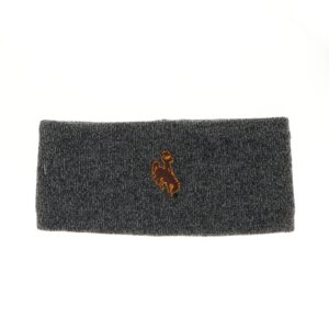 Black marled women's headband, design is brown bucking horse with gold outline centered