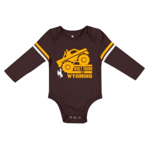 Infant brown long sleeve onesie, design is gold monster truck with gold words built tough in Wyoming, white bucking horse