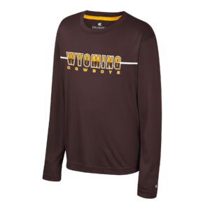 Youth brown long sleeve, design is gold and brown word Wyoming white outline above gold word cowboys