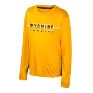 Youth gold long sleeve, design is brown and gold word Wyoming white outline above brown word cowboys