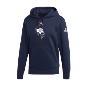Navy fleece hood, design is bucking horse with Wyoming state flag design, white adidas logo on left arm