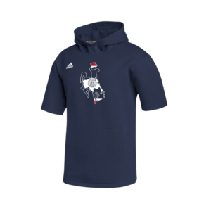Navy fleece hooded short sleeve, design is bucking horse with Wyoming state flag design, white adidas logo on right chest