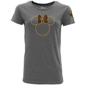Women's grey short sleeve tee, design is gold Mickey outline with brown bow gold outline on top, gold words university of Wyoming in Mickey outline