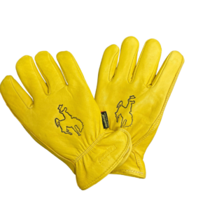 Tan gloves, design is brown bucking horse outline