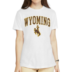 Women's white tee, design is brown word Wyoming gold outline above brown bucking horse gold outline