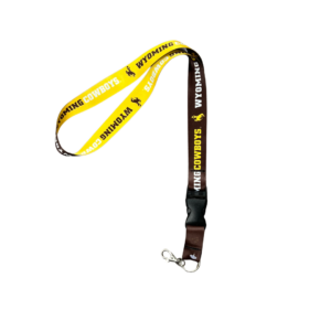 Brown and gold lanyard, design gold background with brown bucking horse brown word Wyoming white word cowboys, brown background with gold bucking horse gold word cowboys white word Wyoming