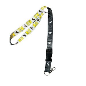 Reversible lanyard, design is grey background with white bucking horse white outline UW, white background brown bucking horse gold UW brown outline