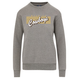 Women's grey crewneck, design is gold word Wyoming above gold stripes, white word cowboys brown outline