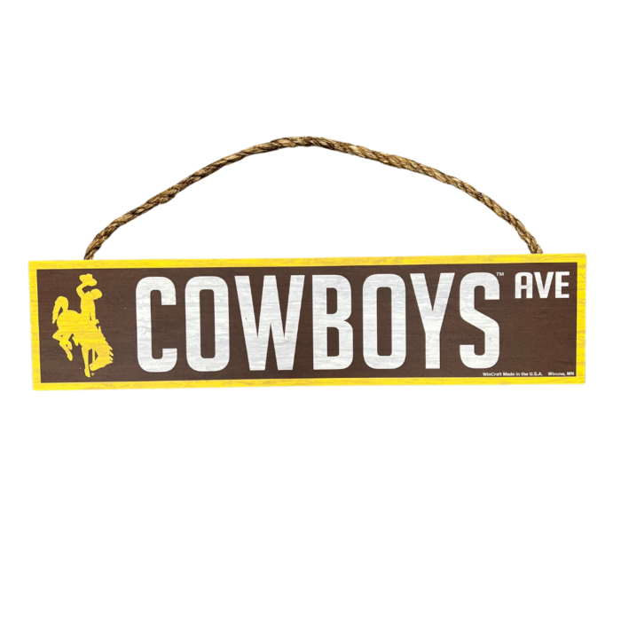 Brown wood sign with rope hanging detail, design is gold bucking horse, white word cowboys ave, gold outline around sign