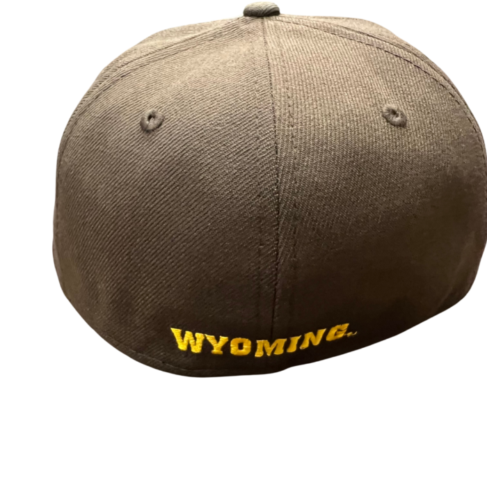 Back of brown fitted hat, design is gold word Wyoming
