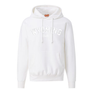 White hoodie, design is white word Wyoming above white word cowboys centered on hoodie