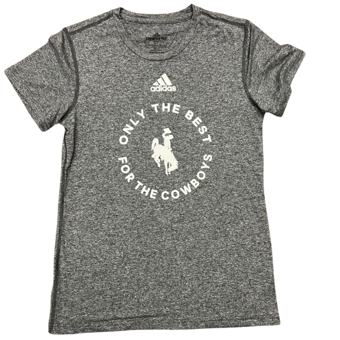 Women's grey heather tee, design is white Adidas logo above white words only the best for the cowboys encircling white bucking horse