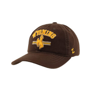 Brown Adjustable hat. All brown hat. With gold lettering, Wyoming with bucking horse under, with white and gold lines behind bucking horse.