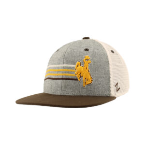 Adjustable hat, flat brown bill, with grey front. White mesh back. On front, yellow embroidered bucking horse on left, with embroidered white, gold, and brown lines on front.