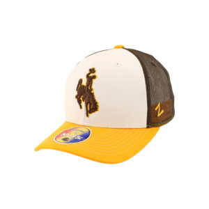 Youth adjustable hat. Yellow bill, white front with embroidered bucking horse, mesh brown back.
