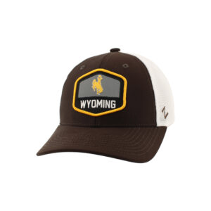 Adjustable hat. Brown bill and front with white mesh back. Hexagon patch on front with yellow outline embroidery, Wyoming in white with yellow bucking horse above.
