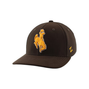 Mens flexfit hat. All brown with large embroidered, yellow, bucking horse on front, with white outline.