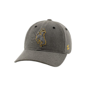 Adjustable hat. all black with embroidered, black bucking horse on front with gold outline.