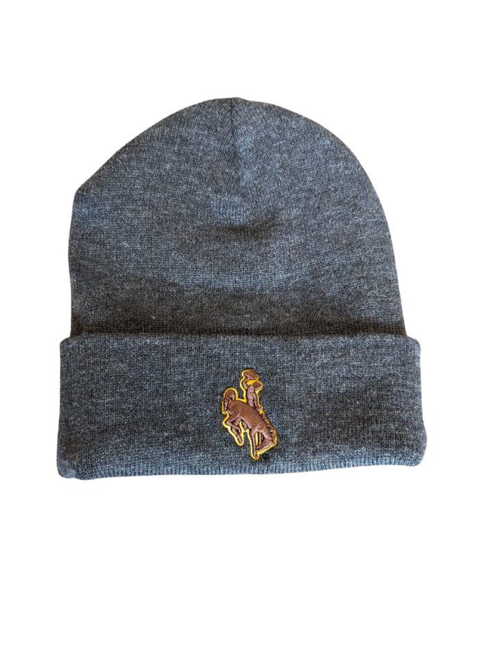Charcoal beanie, design is brown bucking horse gold outline