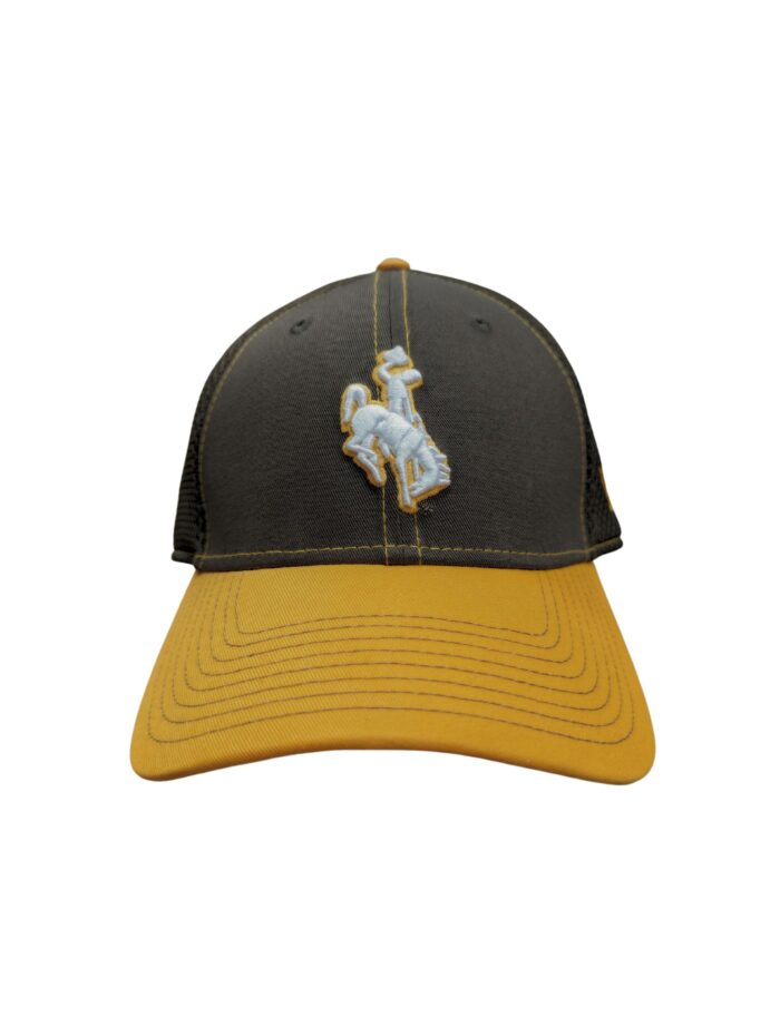 Brown, fitted, hat with yellow bill. On front white bucking horse with gold outline. On back white W gold outline. All stitching is gold.