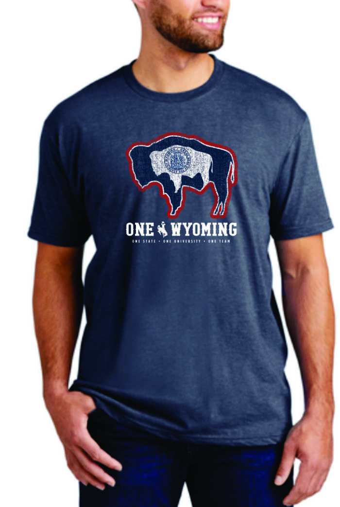 Navy short sleeve, design is navy buffalo with Wyoming state flag design, above white word one Wyoming with whit bucking horse
