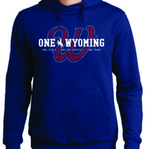 Navy hoodie, design is red script W white outline, white word one Wyoming with white bucking horse