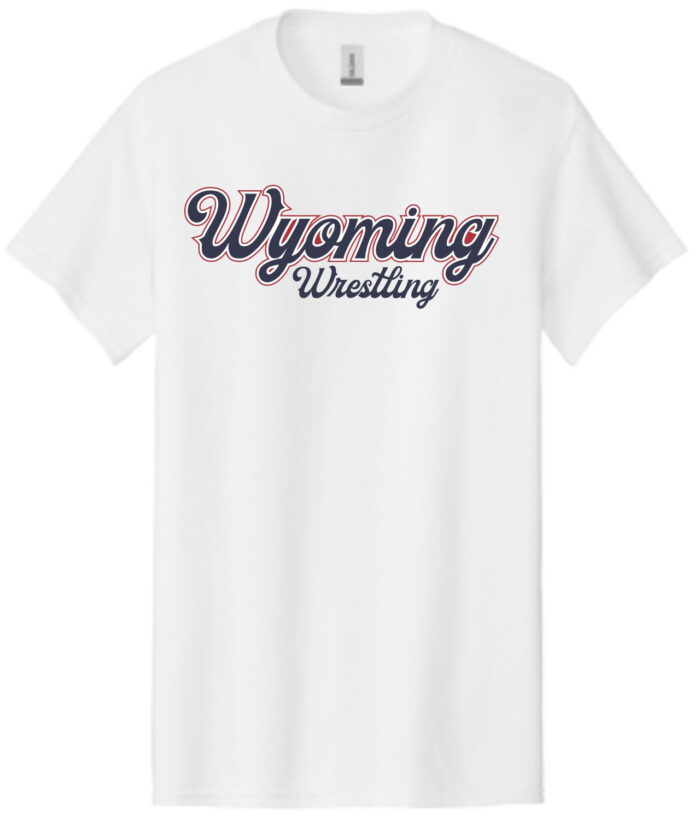 White short sleeve t-shirt. On front cursive wyoming wrestling. Lettering is blue with a red and white outline.