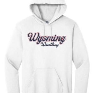 White sweatshirt with hood. On front cursive Wyoming with blue text, red and blue outline. Under Wyoming, cursive wrestling in blue.