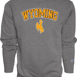 Medium grey crewneck sweatshirt with arced Wyoming in yellow print with brown and white outline. Yellow bucking horse under Wyoming with brown and white outline.