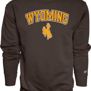 Deep brown with Wyoming arced, Wyoming in yellow font with brown and white outline. Yellow bucking horse under Wyoming with brown and white outline.