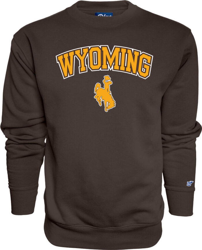 Deep brown with Wyoming arced, Wyoming in yellow font with brown and white outline. Yellow bucking horse under Wyoming with brown and white outline.