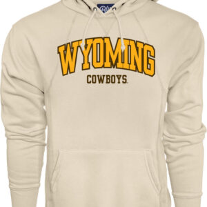 Off white hooded sweatshirt with Wyoming Cowboys on front. Wyoming in yellow text with brown outline. Cowboys under in brown text.