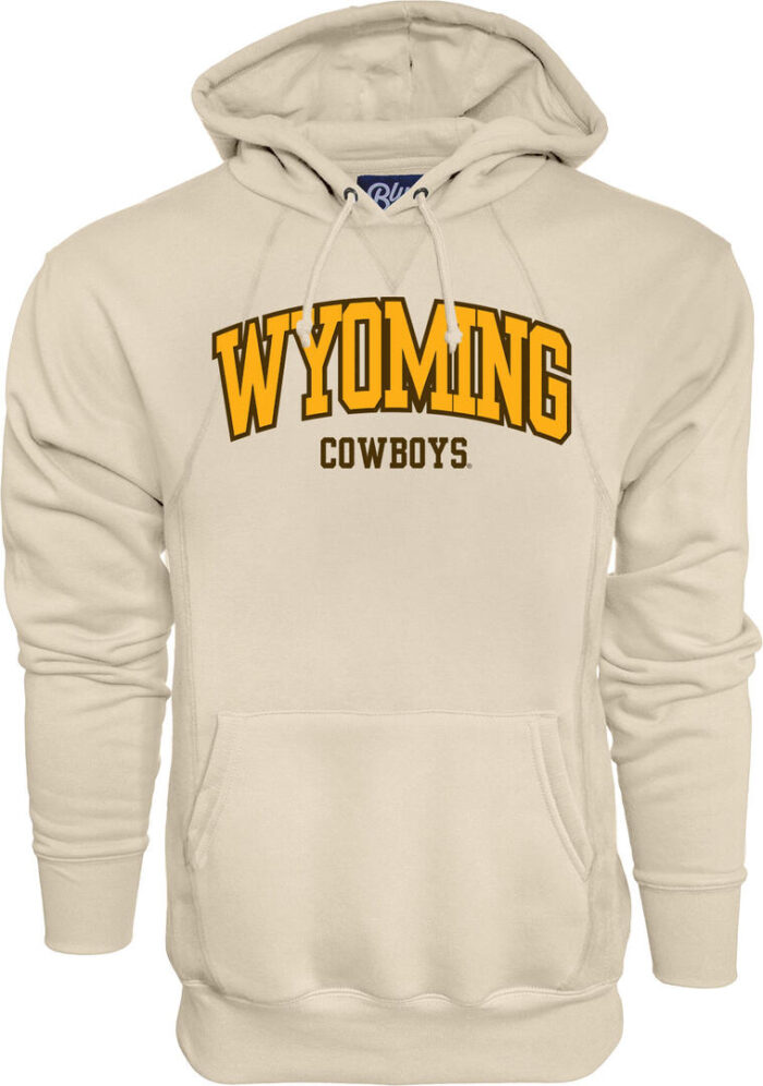 Off white hooded sweatshirt with Wyoming Cowboys on front. Wyoming in yellow text with brown outline. Cowboys under in brown text.
