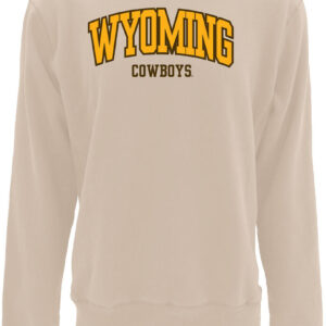 Off white crewneck sweatshirt. Arced Wyoming in yellow text and brown outline. Under Wyoming, Cowboys in all brown text.