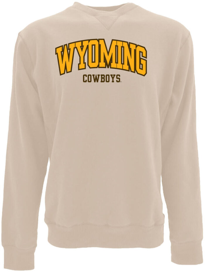 Off white crewneck sweatshirt. Arced Wyoming in yellow text and brown outline. Under Wyoming, Cowboys in all brown text.