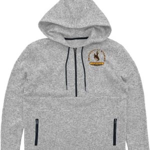 Womens half zip grey with zipper pockets on both sides and hood. On front University of Wyoming rounded with Bucking horse in the center. Cowboys in box below UWYO.