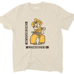 Men's Ivory short sleeve t-shirt with classic Pistol Pete in center. To the left of Pistol Pete, Wyoming with brown box outline. Below Pete, Cowboys with brown box outline.