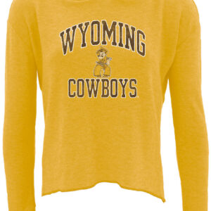 Womens gold hooded long sleeve t-shirt. Wyoming arced at top front, pistol pete in center, and cowboys under pete. All text is brown with white outline.