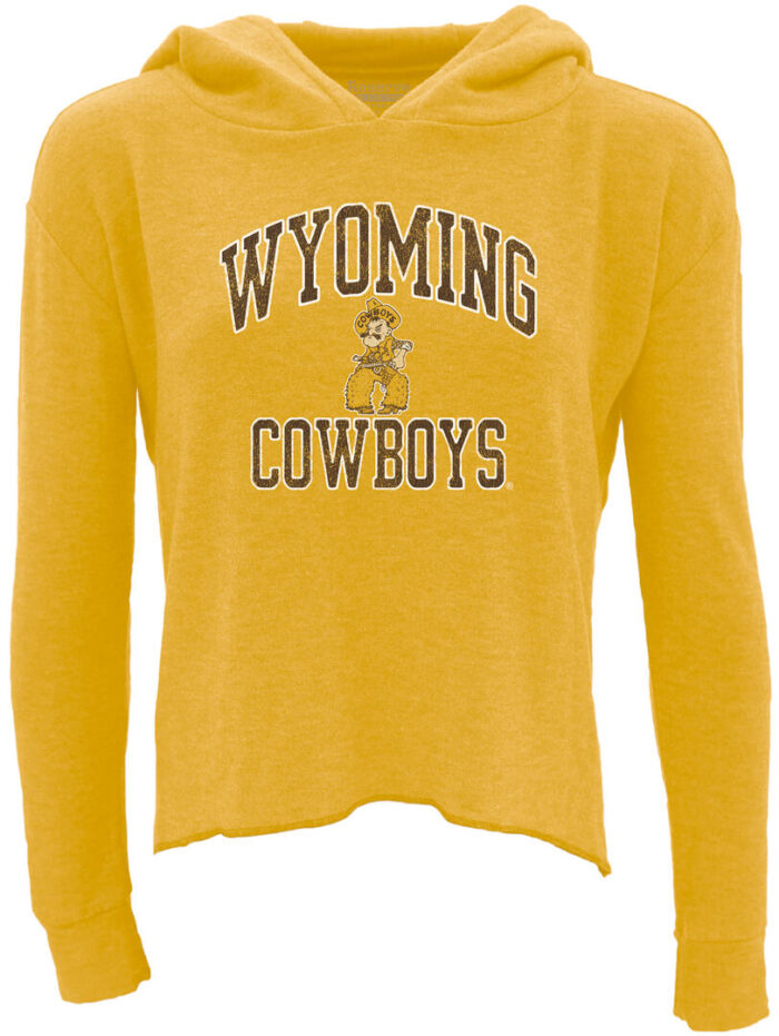 Womens gold hooded long sleeve t-shirt. Wyoming arced at top front, pistol pete in center, and cowboys under pete. All text is brown with white outline.
