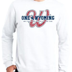 White mens crew neck sweatshirt with red cursive W behind words, One Wyoming in navy blue. Between One and Wyoming is navy blue bucking horse.