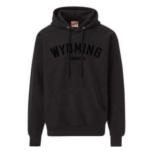All black hooded sweatshirt, with arced Wyoming in black embroidery.