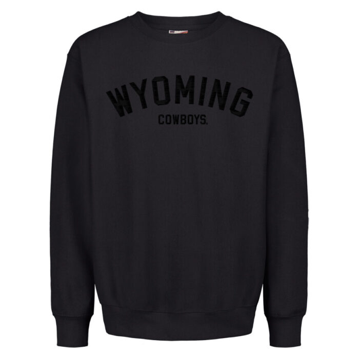 Black crewneck sweatshirt with arced wyoming on front in black embroidery.