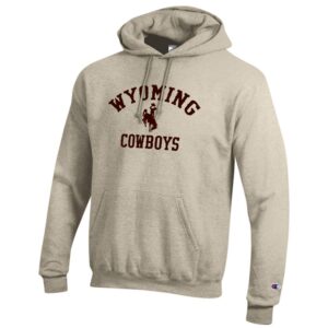Oatmeal hoodie, design is brown arched word Wyoming above brown bucking horse above brown word cowboys