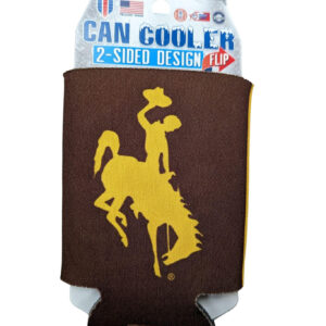 brown and gold can cooler. brown background, yellow bucking horse on side one. yellow background, brown bucking horse second side.