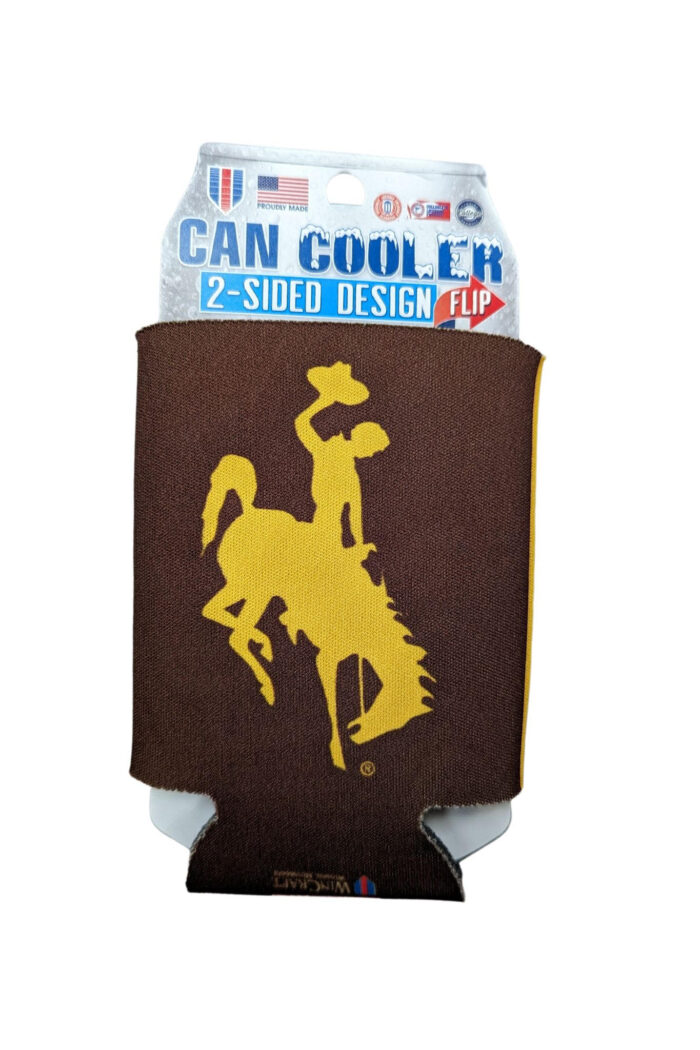 brown and gold can cooler. brown background, yellow bucking horse on side one. yellow background, brown bucking horse second side.