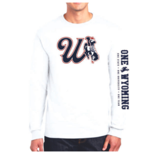 White long sleeve tee, design is navy script W with red outline, bucking horse with state flag design and red outline, left sleeve has navy word one Wyoming with navy bucking horse