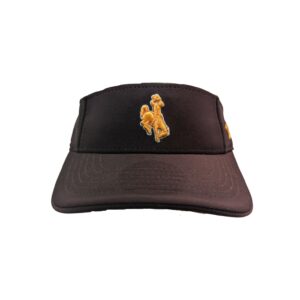 brown adjustable visor with Velcro adjustment. On front, embroidered gold bucking horse with white outline. Wyoming on left side in gold and white embroidery
