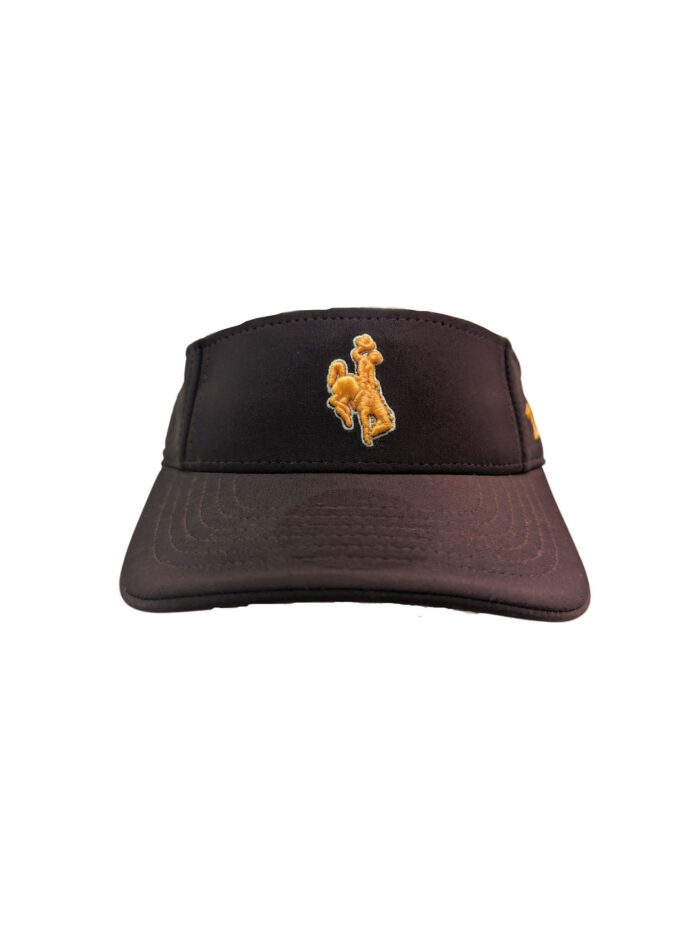 brown adjustable visor with Velcro adjustment. On front, embroidered gold bucking horse with white outline. Wyoming on left side in gold and white embroidery