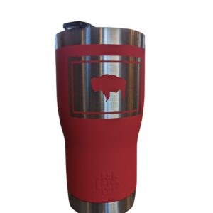 red 20-ounce tumbler bottle with etched state flag.