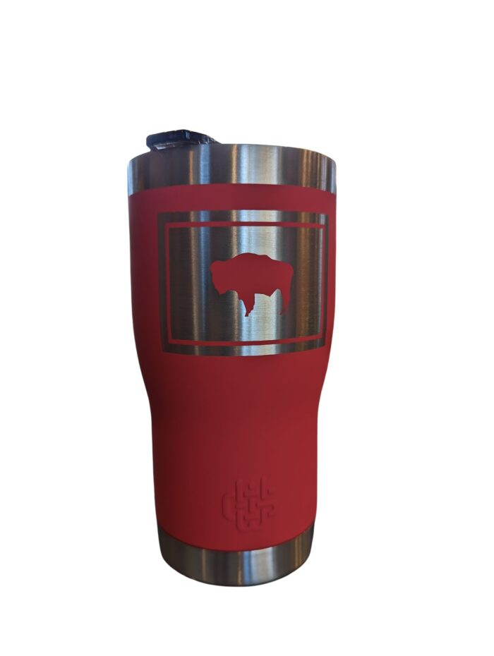 red 20-ounce tumbler bottle with etched state flag.